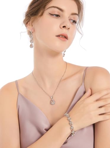 LMXXVJ Necklace Long Earrings Bracelet Set, White Gold Plated Created Blue Sapphire Jewelry Set Wedding Party Gift Jewelry for Women Bridal Bridesmaid - color: Champagne