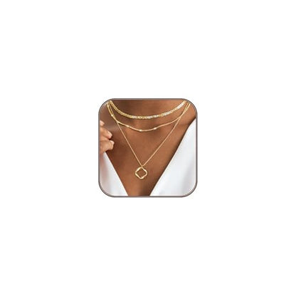 Airmb Gold Layered Necklaces for Women 14k Gold Plated Dainty Stackable Choker Necklaces for Women Trendy Layering Chain Cute Pendant Necklace Set Gold Jewelry for Women - color: Gold-Circle Pendant-Mariner Chain
