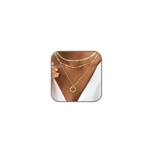 Airmb Gold Layered Necklaces for Women 14k Gold Plated Dainty Stackable Choker Necklaces for Women Trendy Layering Chain Cute Pendant Necklace Set Gold Jewelry for Women - color: Gold-Circle Pendant-Mariner Chain