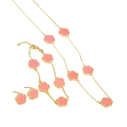 14K Gold-Filled Clover Necklace For Women - Classic Five-Leaf Flower Set Bracelet Necklace Earrings Jewelry Set, Five Leaf Clover Necklaces Dainty Lucky Clover Jewelry - color: Pink - Clover Necklace