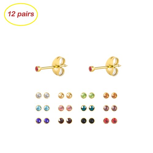 12 Pairs Ear Piercing Stud Earrings for Ear Piercing Guns, Surgical Stainless Steel Multicolor Round Heart Star Cubic Zirconia Birthstone Stud Earrings Set - style: Gold round 2mm