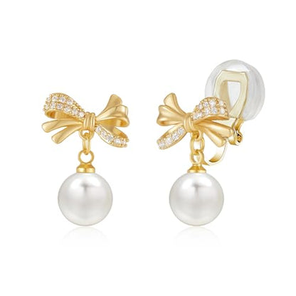 YOQUCOL Golden Bow Clip On Stub,Danle Drop Earrings for Women Simulated Pearl Christmas Xmas Bowknot Non Pierced Earrings - color: Dangle Clip-04
