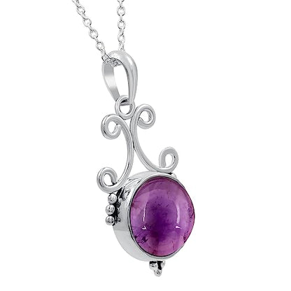Natural Round Gemstone Pendant Necklace for Women, 925 Sterling Silver | Solitaire Birthstone Jewelry With 18 Inch Chain, Handmade Semi Precious Stone Pendant, Jewelry Gift for Mom, Wife & Sister - color: Amethyst