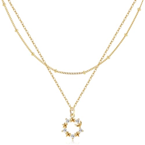 MJartoria 14K Gold Plated Gold Layered Necklace, Heart Butterfly Star Moon Pendant Necklace for Women, Dainty Jewelry Gifts for Mom, Wedding, Party, Daily Wear - style: Star Moon