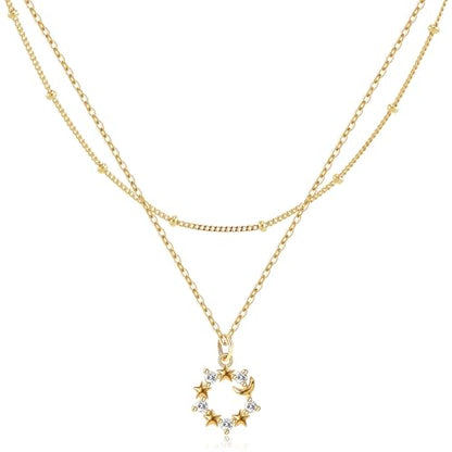 MJartoria 14K Gold Plated Gold Layered Necklace, Heart Butterfly Star Moon Pendant Necklace for Women, Dainty Jewelry Gifts for Mom, Wedding, Party, Daily Wear - style: Star Moon