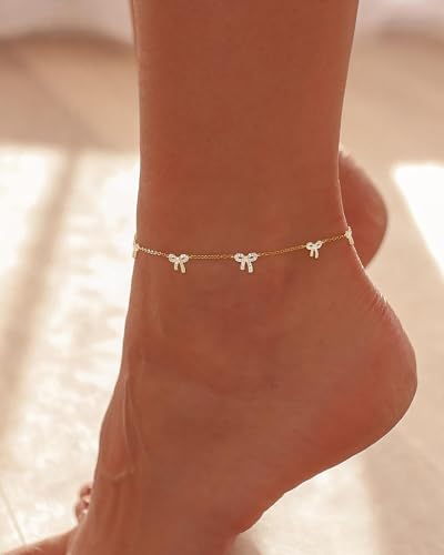 Anklets for Women Waterproof 14K Gold Plated Beach Ankle Bracelets | Dainty Summer Butterfly Clover Anklet Non Tarnish, Heart Bow Anklet, Layered Beach Jewelry, Accessories for Women Trendy - color: Gold 5