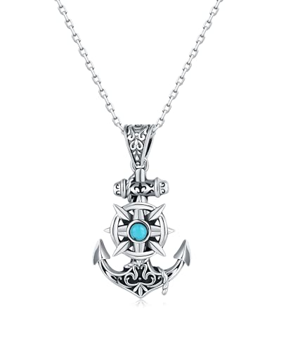 925-Sterling-Silver Turquoise Dragonfly/Hummingbird/Compass/Anchor/Butterfly/Cross/Lotus Necklaces Vintage Boho Pendant Jewelry Victorian Christmas Birthday Gifts for Women - style: Anchor Turquoise Necklace