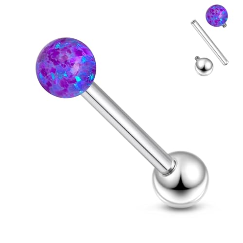 14G Astm F136 Titanium Tongue Rings Piercing Jewelry 14 Gauge Internal Thread Straight Barbell Opal Tongue Rings Piercing Jewlery for Women Men White Pink Purple Blue Green 16MM Bar Length - color: Purple