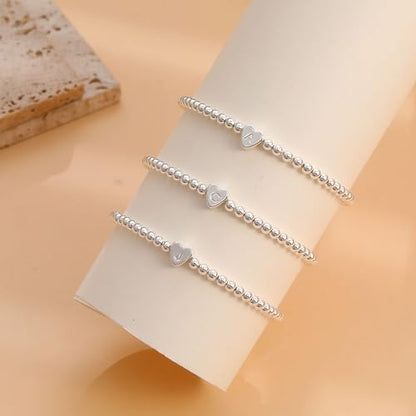 Beaded Bracelets for Women Dainty Beaded Heart Initial Bracelets Letter A-Z Charm Stretch Bead Ball Bracelet Trendy Jewelry Gifts - style: Silver-M