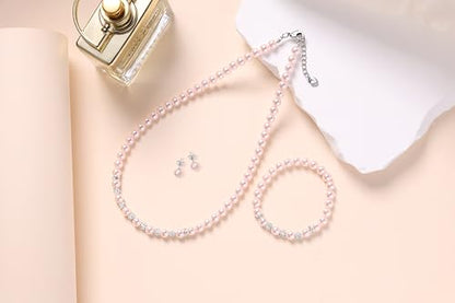 6mm Pearl Jewelry Set for Women & Girls, Necklace Bracelet Earrings | Sparkling Rhinestone Detail, Faux Pearl Set, Prom Gift - style: 16 inches pink