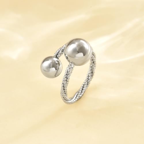 Adjustable Rings for Women 18K Gold Plated daisy Flower Butterfly Ball Cubic Zirconia Rings Dainty Open Stacking Ring - color: Double Ball-White Gold