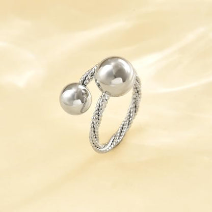 Adjustable Rings for Women 18K Gold Plated daisy Flower Butterfly Ball Cubic Zirconia Rings Dainty Open Stacking Ring - color: Double Ball-White Gold
