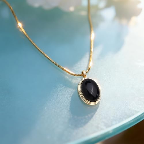 Sonateomber Gold Stone Pendant Necklace for Women, Chunky Statement Dainty Heart Oval Natural Gemstone Dangle Necklaces Wedding Prom Accessories Fashion Jewelry Gift - color: Black Obsidian