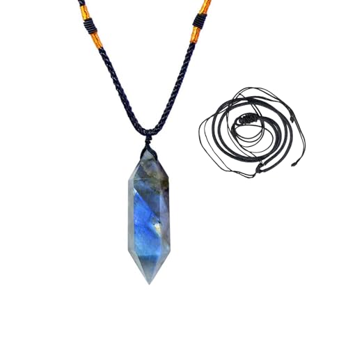 Runyangshi Labradorite Healing Crystal Pendants, Double Pointed Natural Crystal Quartz Necklace 6 Faceted Chakra Crystal Wand Stone - color: Labradorite