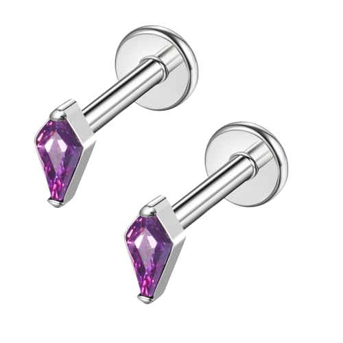 BelezaDosas G23 Hypoallergenic 18g Flat Back Studs Earrings F136 Implant Grade Titanium Tiny Press Fit Threadless Push in Cartilage Helix Labret Lip Conch Tragus Piercing Jewelry - style: BD-Rhombus-Purple