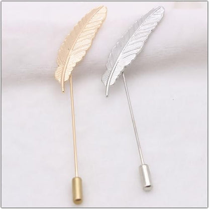 Dreuyet Simple Gold Silver Plated Long Brooch Pins with Cute Animal Antlers Leaves Plant Bees Rabbits Rose Flower Feather Brooch Jewelry for Women Men Elegant Suit Collar Lapel Pin - style: Long Leaf