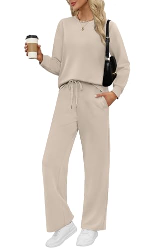 WIHOLL Lounge Sets for Women 2 Piece Travel Vacation Outfits Fall 2026 Sweatsuit Tracksuit - color: Beige, size: Medium