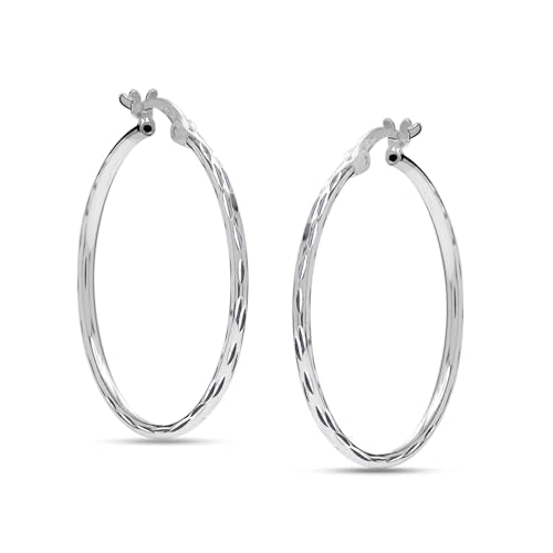 LeCalla 925 Sterling Silver Hoop Earrings for Women | Lightweight Classic Diamond-Cut Textured Hoop Earring | Women's Earring Hoops Size 20/25/30/35/40MM - color: 35MM / Tube-2mm