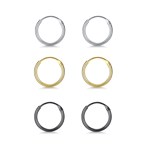 EPIRORA Silver Hoop Earrings- Cartilage Endless Small Hoop Earrings Set for Women Men, 3 Pairs of Hypoallergenic 925 Sterling Silver Tragus Earrings Nose Lip Rings - color: 3 Pairs(8mm*3)-Silver/Gold/Black
