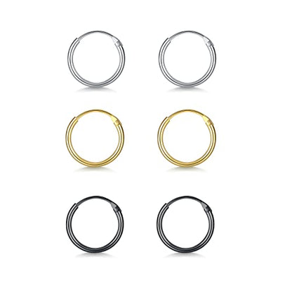EPIRORA Silver Hoop Earrings- Cartilage Endless Small Hoop Earrings Set for Women Men, 3 Pairs of Hypoallergenic 925 Sterling Silver Tragus Earrings Nose Lip Rings - color: 3 Pairs(8mm*3)-Silver/Gold/Black