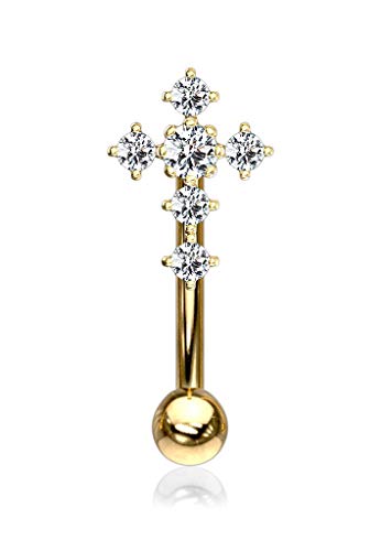 Forbidden Body Jewelry 16g 8mm Surgical Steel Curved Barbell for Daith, Eyebrow, Rook & Belly Button with CZ Cross Top - color: Gold Tone
