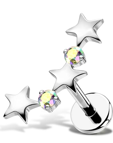 OUFER Body Piercing Star Helix Piercing Jewelry 18G Helix Earrings for Women 318L Stainless Steel Internally Thread Conch Helix Stud Flat Back Cartilage Earring for Women - color: Silver-AB CZ, size: 1.0*6mm
