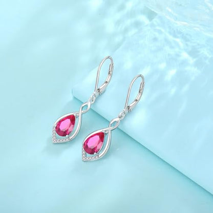 Infinity Teardrop Earrings 925 Sterling Silver Dangle Drop Leverback Earrings Birthstone Jewelry for Women - color: Red