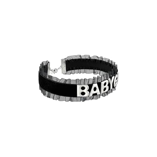 Women's Black Velvet Lace Letter Choker Collar for Halloween, 15-inch | Made of Velvet Lace Ribbon and Silver Letter Charms, Lobster-claw Closure, Daily Gothic Style, Avoid Water & Perfume - color: BABY