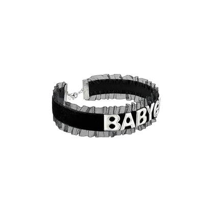 Women's Black Velvet Lace Letter Choker Collar for Halloween, 15-inch | Made of Velvet Lace Ribbon and Silver Letter Charms, Lobster-claw Closure, Daily Gothic Style, Avoid Water & Perfume - color: BABY