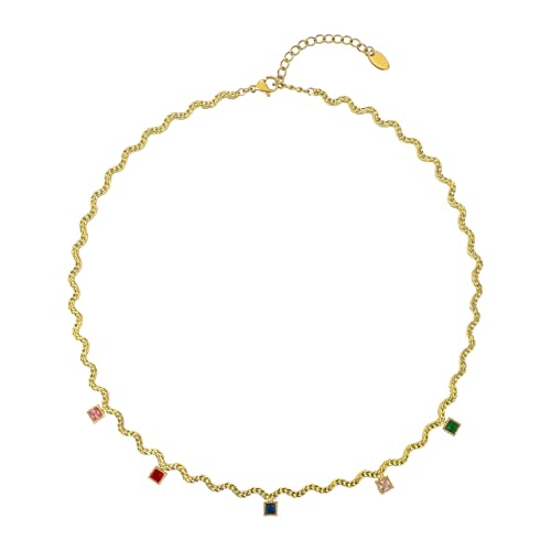 Hipunk Women Gold Plated Stainless Steel Wave Rope Chain Collar Necklace with Colorful Zirconia Flower Heart Charms Choker, Adjustable 16+2 Inch - color: square