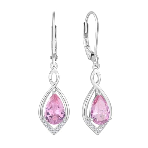 Infinity Teardrop Earrings 925 Sterling Silver Dangle Drop Leverback Earrings Birthstone Jewelry for Women - color: Pink