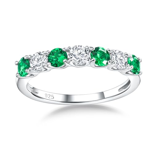 Birthstone Wedding Band Eternity Rings 925 Sterling Silver Rings Stackable Anniversary Engagement Rings Cubic Zirconia Inlaid Created Garnet/Amethyst/Sapphire Ring 7 Stone Ring, Size 6 to 10 - color: Emerald & 5A CZ
