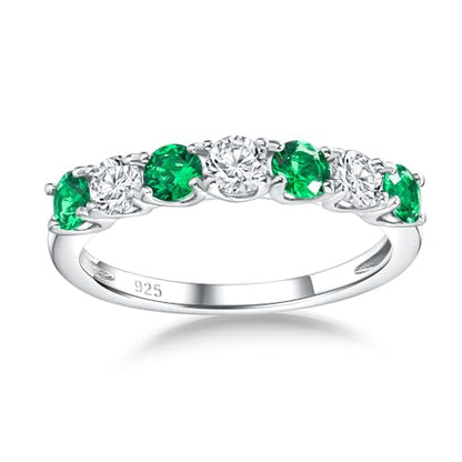 Birthstone Wedding Band Eternity Rings 925 Sterling Silver Rings Stackable Anniversary Engagement Rings Cubic Zirconia Inlaid Created Garnet/Amethyst/Sapphire Ring 7 Stone Ring, Size 6 to 10 - color: Emerald & 5A CZ