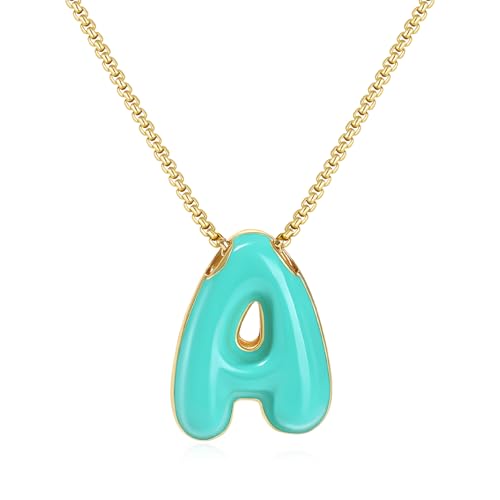 KissYan Bubble Letter Necklace for Women, Enamel Initial Necklaces(L-A) | Balloon Initial Pendant with 14K Gold Plated Link Chain, Multicolor Custom Alphabets Charm, Dainty Jewelry Gift