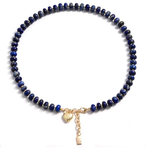 Boho Gemstone Beaded Necklace for Women – Colorful Natural Stone Choker 18K Solid Heart-Shaped Pendant, Summer Beach Jewelry - color: Lapis Lazuli