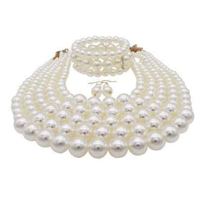 Faux Big Pearl Srand Necklaces for Women 5 Layers Pearls Choker Bib Collar Necklace Bracelet and Earrings set 1920s Costume Pearl Jewelry Bridal Wedding - color: white