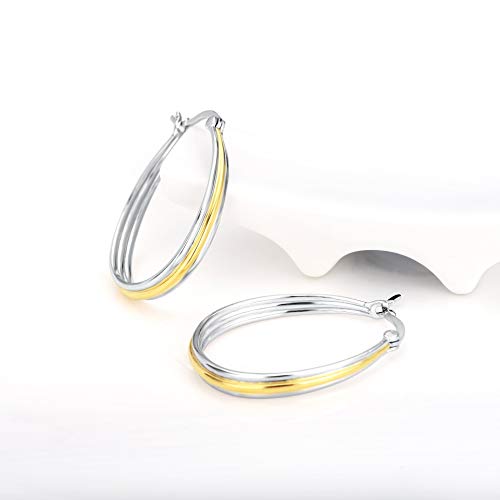 Small Sterling Silver Gold Hoop Earrings Oval Grooved Two Tone Hoops Earrings for Women - color: Gold Hoop Earrings