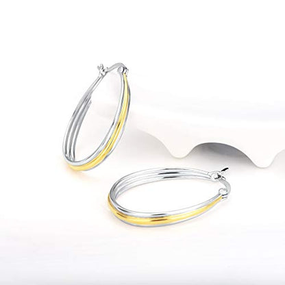 Small Sterling Silver Gold Hoop Earrings Oval Grooved Two Tone Hoops Earrings for Women - color: Gold Hoop Earrings