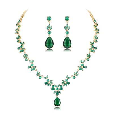 Jewelry Set for Women, Necklace Dangle Earrings Bracelet Set with White AAA Cubic Zirconia, Allergy Free Wedding Party Jewelry for Bridal Bridesmaid - color: Necklace + Earrings-Gold-Green Emerald CZ