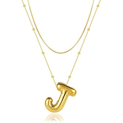 LUCA SMITH 2-Piece Initial Necklaces for Women, Dainty Balloon Bubble A-Z Letter Necklace Set, Name Letter Alphabet Pendant Layered Choker Necklaces Personalized Jewelry Gift - color: Gold bubble letter necklace, style: Initial Set-J