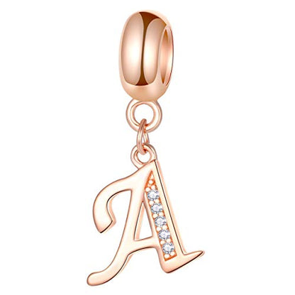 EMOSTAR Letter Charms Initial A-Z Alphabet Beads, Rose Gold 925 Sterling Silver Dangle CZ Birthstone Pendant, Gifts for European Charm Bracelet/Mothers Day/Birthday - color: Letter A