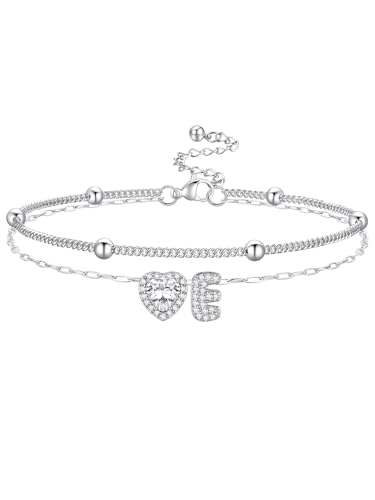 Bestyle Initial Anklet Bracelets for Women Waterproof Non Tarnish 14K Gold/White Gold Plated CZ Anklets for Women Dainty Layered Letter Heart Ankle Bracelets Adjustable Foot Chain Anklet - color: E