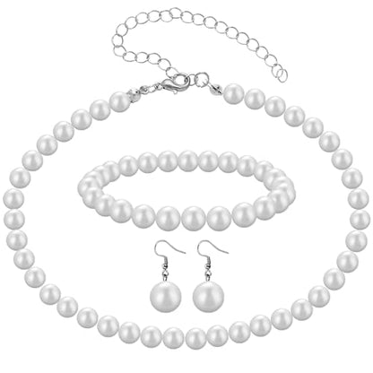 3 Pcs 8mm Pearl Necklace Bracelet Earrings Set Faux Pearl Jewelry Set for Women Simulated Pearl Necklaces Set Round White Pearl Costume Jewelry Accessories for Women Girls Brides Wedding Gift - color: White