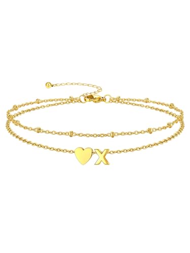 Ankle Bracelets for Women Waterproof 14K Gold/Silver/Black Initial Anklet for Women Dainty Layered Heart Ankle Bracelets Stainless Steel Adjustable Foot Chain Anklet Summer Beach Jewelry - color: X-Gold
