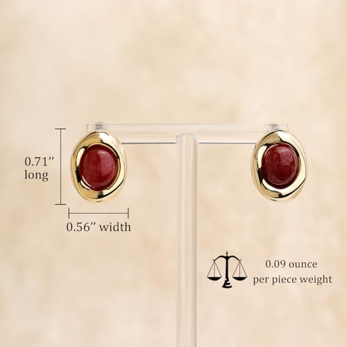 Jean Beau Chunky Gold Stone Stud Earrings for Women, Trendy Natural Gemstone Hypoallergenic Earing Valentine Jewelry Gift - color: Garnet