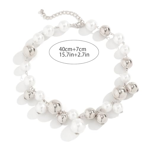 CSIYANJRY99 Chunky Pearl Necklace for Women Big Faux Pearl Beaded Strand Necklace Wedding Prom Jewelry for Women - color: silver