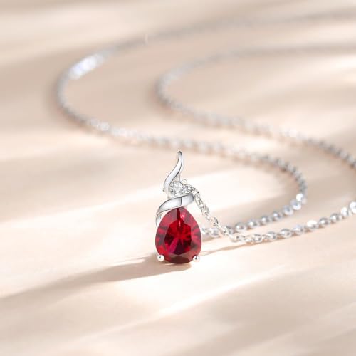 FANCIME 14K Solid White Gold Birthstone Pendant Necklace for Women with Diamond Pear Shaped Teardrop Necklace Birthday Gifts for Mom Women,Sterling Silver Chain 16" + 2" Extender - color: 07-Ruby