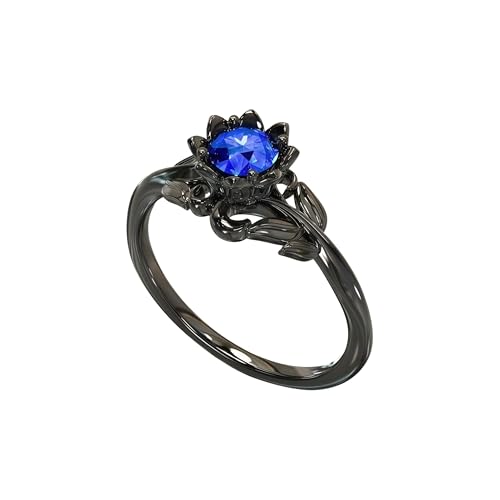 Cubic Zirconia Rings For Women, Gothic Ring Black Flower Crystal Stackable Trendy Floral Eternity Travel Engagement Statement Wedding Birthday Jewelry Gift - color: Goth Black Blue