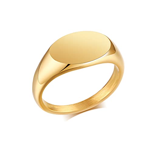 HIJONES Mens Stainless Steel Signet Ring Matte Brushed Square | Simple Statement ,Wedding Band,Polished Round - color: 9mm-Gold