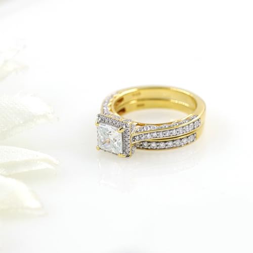 6MM Center Halo Princess Cut Bridal Set Engagement Ring for Women, 2 CT | Metal: Sterling Silver|Stone: Moissanite - color: Yellow Gold